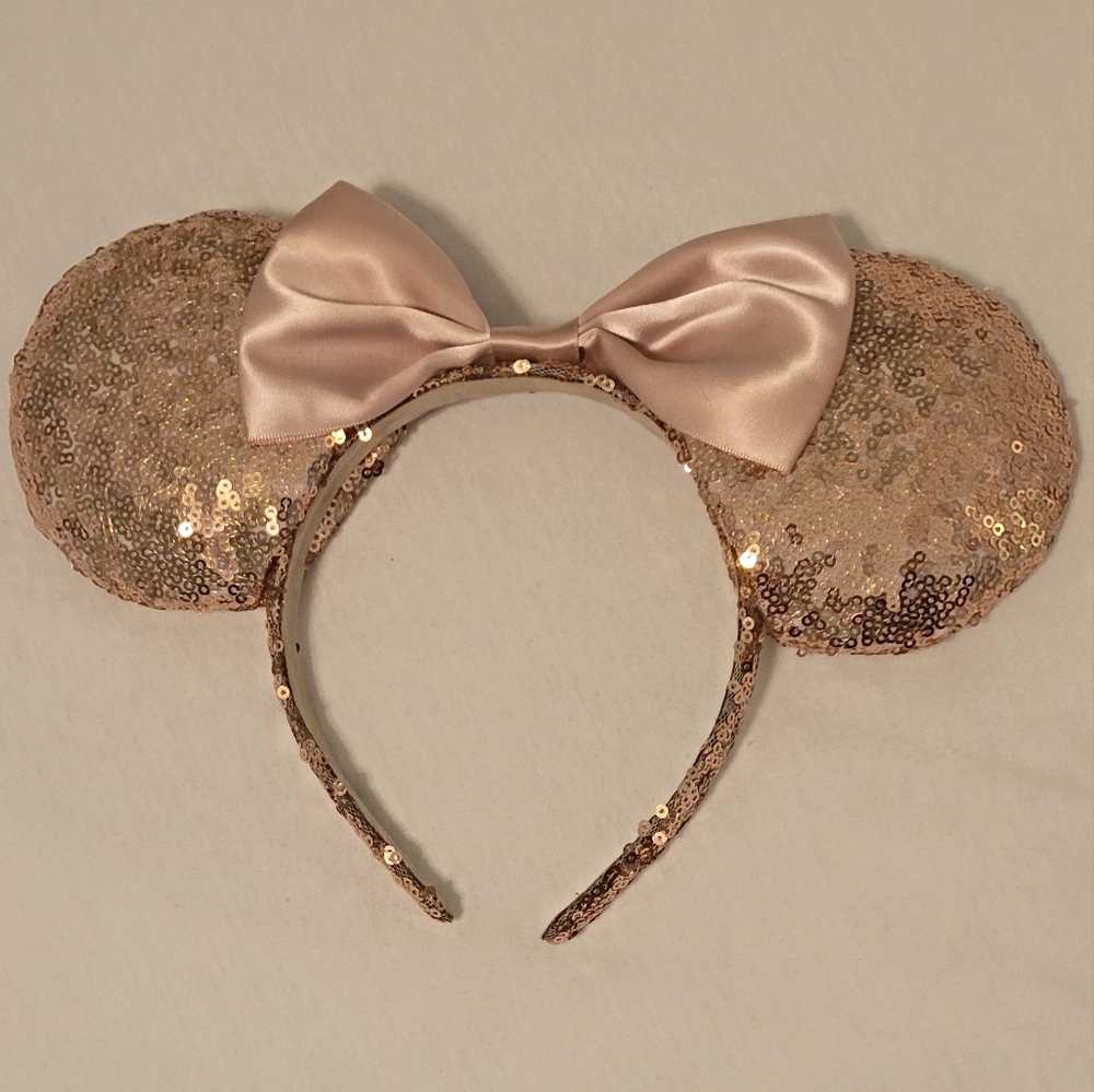 Disney Ears Headband - Rose Gold Sequins with Satin Bow